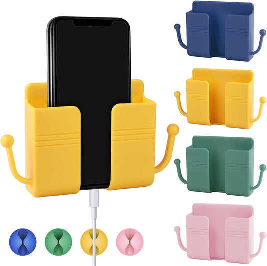 4Pcs Wall Phone Holder Self-Adhesive Wall Mounted Phone Holder with Hooks Phone Plug Wall Holder with 4 Cable Clips, Wall beside Organizer Storage Box Remote Control Phone Holder for Walls Bedroom