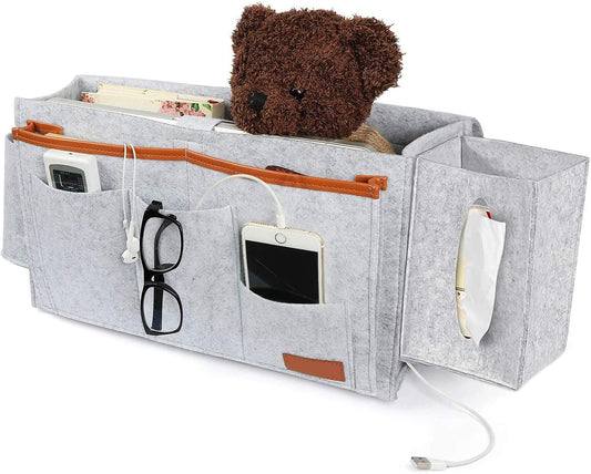 1 Pcs Bedside Caddy,Double-Layer Thick Hanging Bag W/5 Pockets,Organization&Storage Magazine Book Phone Remote&Water Bottle,Shelf Used to Homeschool College Dorm Sofa (Light Grey)