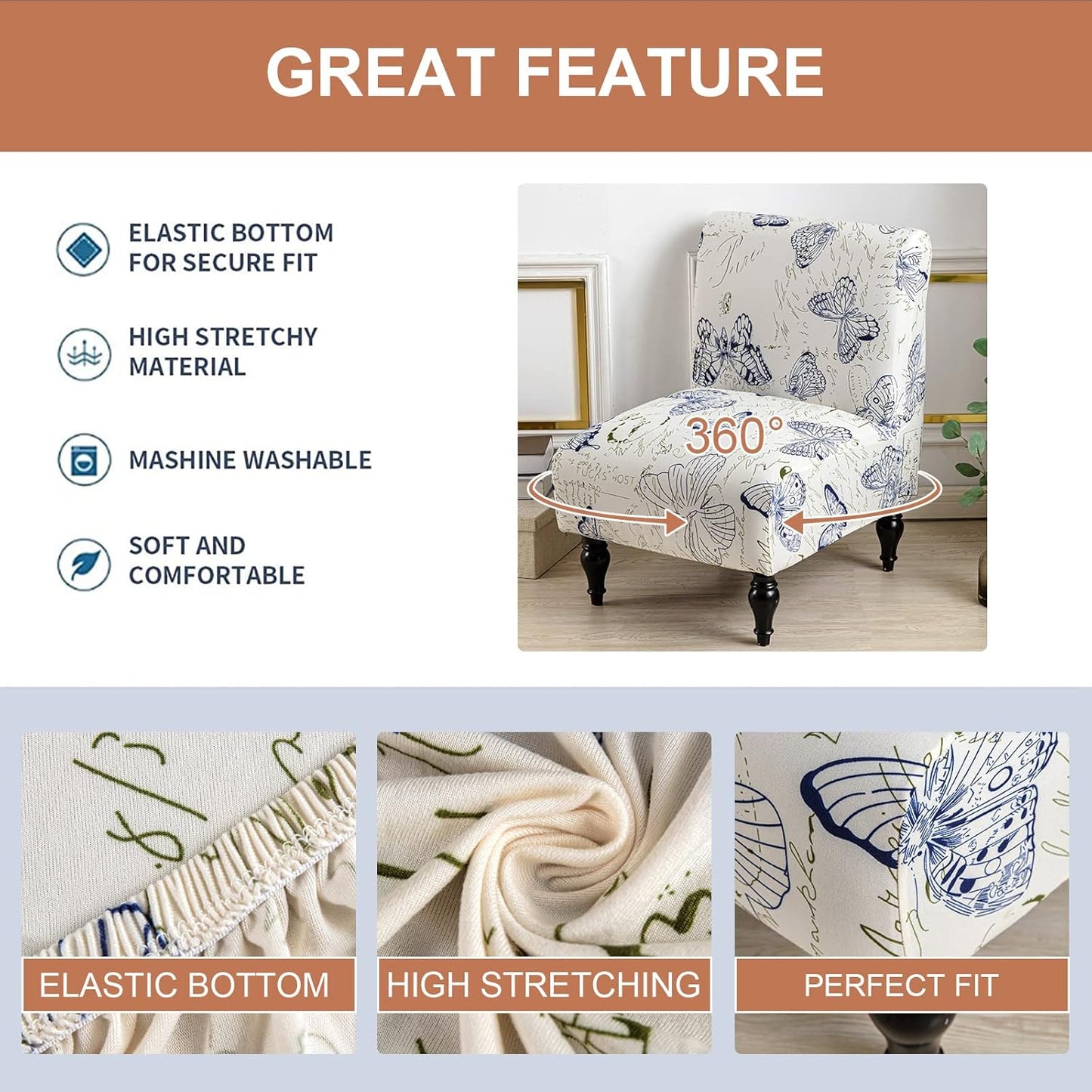 Armless Chair Slipcover Removable Armless Accent Chairs Covers Washable Armless Slipper Chair Slipcover Printed Armless Chair Furniture Protector Covers for Living Dining Room Hotel